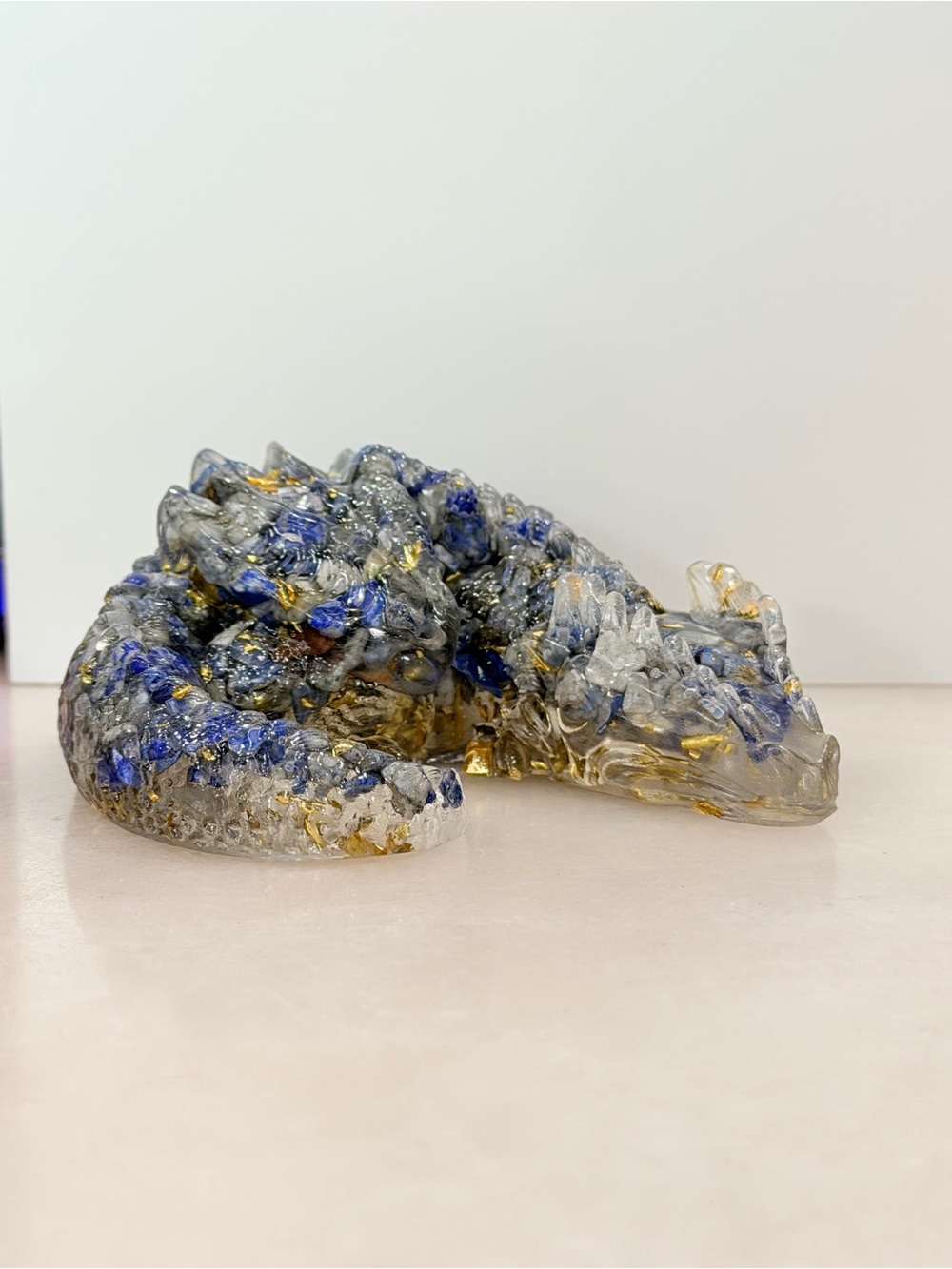 Lapis Lazuli 18k Gold Flake Blue Resin Dragon Handmade Gemstone Home Decor 4.0in